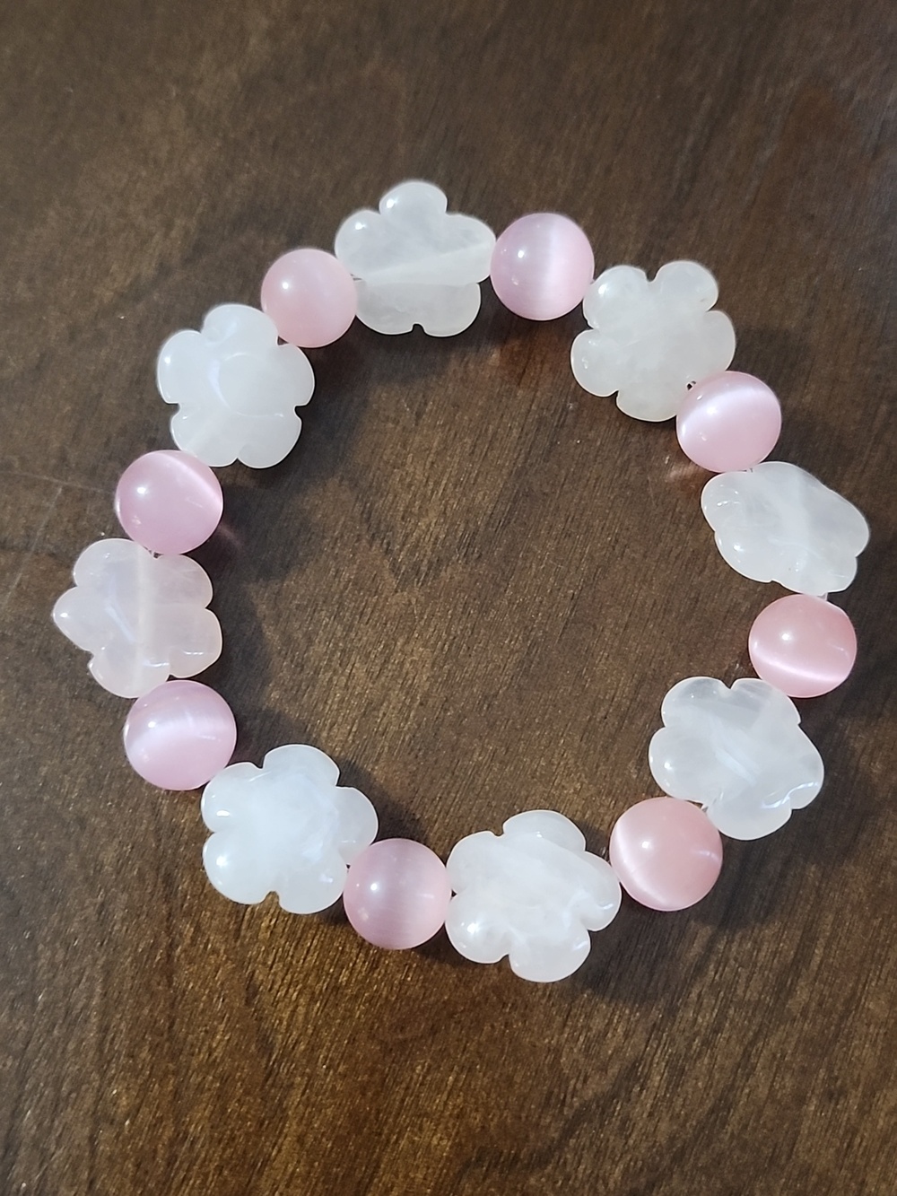 Handmade Pink Cat's Eye and Rose Quartz Flower Beaded Bracelet